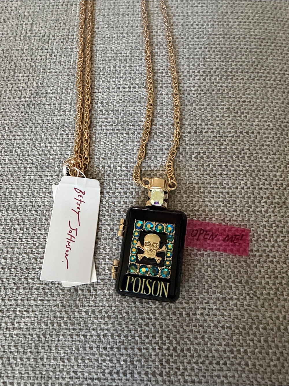 Betsey Johnson Black & Gold Poison Skull Locket Necklace with Teal Accents
